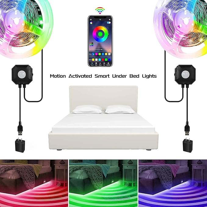 Motion Activated Under Bed Lights, 2x9.84ft 5050 RGB Color Changing LED Strip Lights with Sensor, APP Control and Music Sync, Dimmable Night Light for Bedroom Stair Christmas Decor