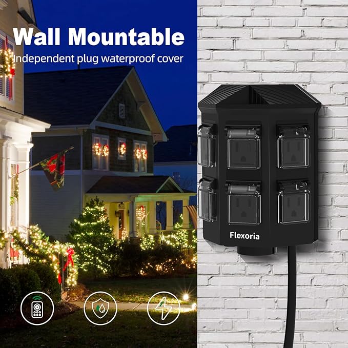 Outdoor Power Stake Timer, Remote Control Dusk to Dawn Light Timer, 60FT Extension Cord Waterproof, 6 Grounded Outlets for Graden and Yard Decorations, ETL Listed