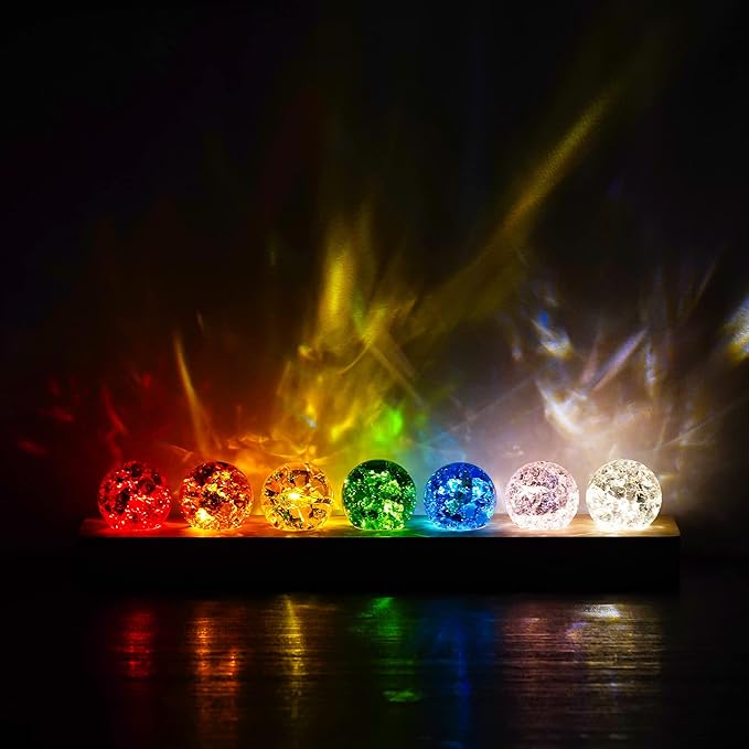 7 Colors Ice Cracked Balls with LED Wooden Base 40mm Healing Sphere Balls Set Crystal Chakra Night Light Decor for Home Valentines Day Gifts for Her
