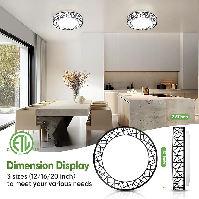 12 Inch Flush Mount Ceiling Light, Modern Black LED Ceiling Light Fixture, 20W 1400LM 2700-6500K Adjustable, Dimmable Ceiling Lights for Bedroom, Kitchen, Hallway, Bathroom, ETL Listed