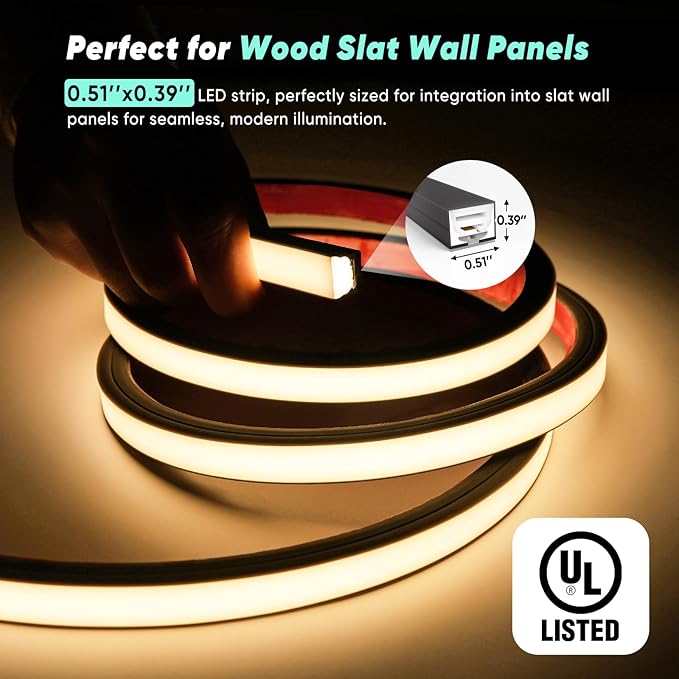 GZBtech Flexible LED Recessed Strip Light for Wood Slat Wall Panels 9.84FT, 3000K Warm White Cuttable Neon Rope Lighting with Remote Control, Dimmable IP67 Waterproof Black Strip Lights, UL Listed