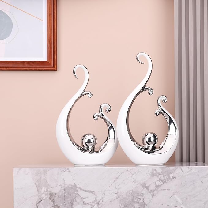 DOVDOV White and Silver Ceramic Abstract Statues Set of 2, Modern Art Deco Accents, Unique Home Decor, Coffee Table Decor, Shelf Decor, Room Decor, Coffee Table Decor Aesthetics.