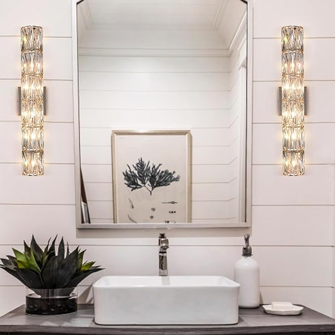 SAMTEEN Chrome Crystal Wall Sconce Contemporary 6-Light Crystal Sconces Wall Lighting Modern Nickel Wall Sconce Clear Glass Wall Light Fixture for Bathroom Living Room Bedroom Hallway
