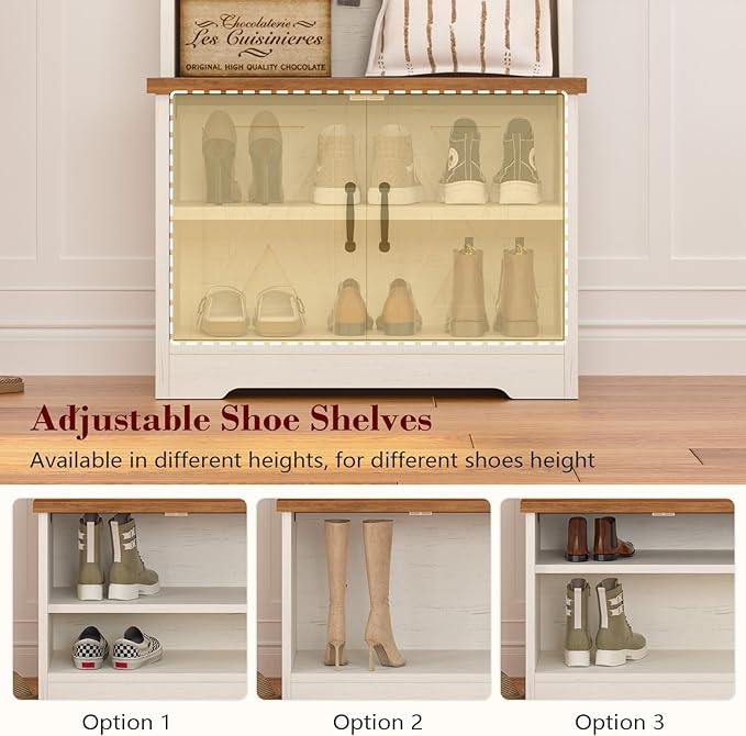 Hall Tree with Bench and Shoe Storage, Entryway Bench with Coat Racks and Led Lights, Farmhouse Small Hall Tree with Shoe Cabinet, 7 Coat Hooks, 6 Storage Cubbies, Adjustable Shelf