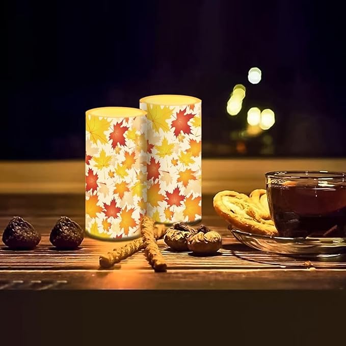 Maple Leaf Flameless Candles with Remote and Timer LED Candles Flickering Battery Operated Fake Candle for Fall Home Thanksgiving Bedroom Living Room Dining Room Table Decor Set of 2
