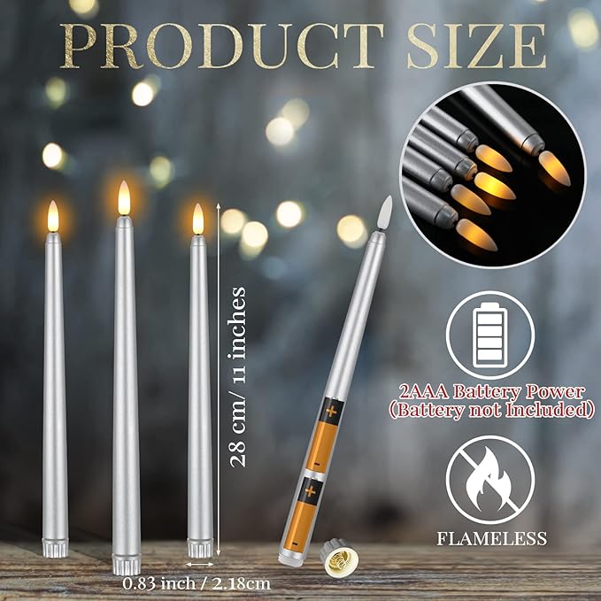 Macarrie 24 Packs Flameless Taper Candles Battery Operated Fake 11 Inch Long Candlelight LED Flameless Candlesticks Flickering Tapered for Spring Summer Wedding(Silver)