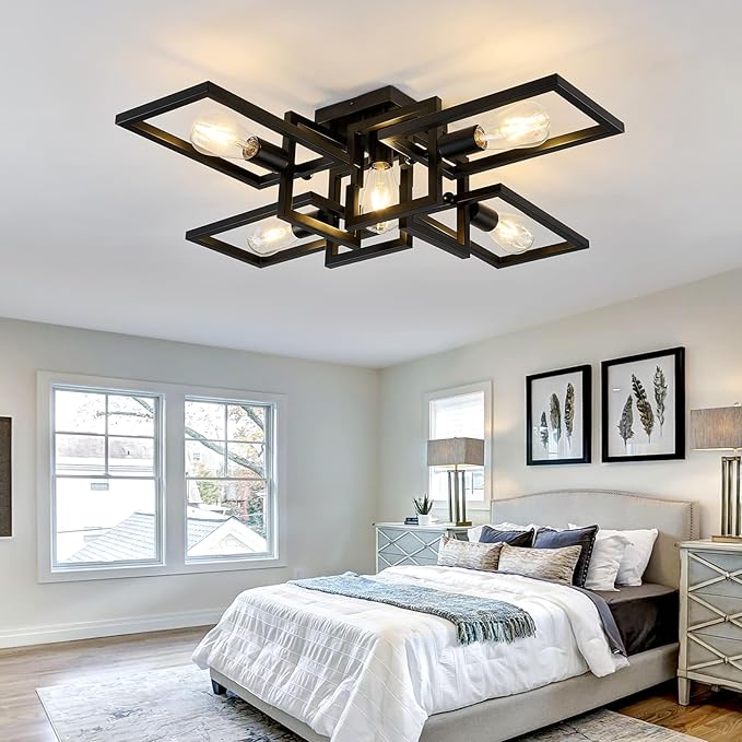 ZGLAOJT Black Industrial Semi Flush Mount Ceiling Light 5-Light Kitchen Light Fixtures Modern Large Matte Sputnik Chandelier for Dining Room Bedroom Farmhouse Living Room