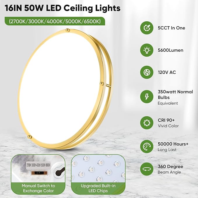TOBUSA 16in 50W LED Flush Mount Ceiling Light 5600lm Super Bright, Dimmable LED Light Fixture 2700K-6500K 5CCT Adjusted, 1-Pack Modern Light Fixture Ceiling, Gold