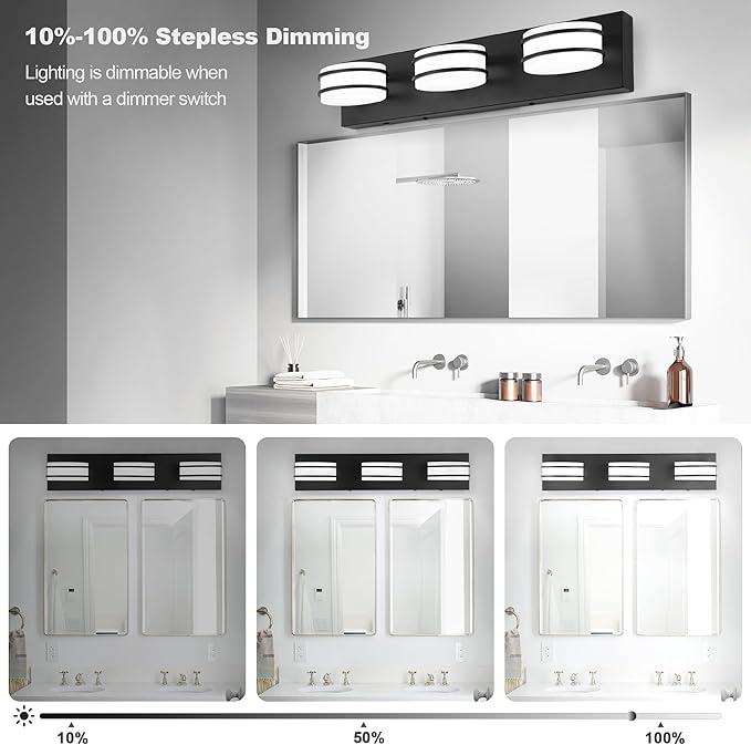 3 Color Temperature Dimmable Bathroom Light Fixtures Over Mirror, LED Black 3 Light Vanity Lighting Fixtures, Acrylic Stainless Steel Oval Shade Vanity Lights for Bathroom, ETL Certificated