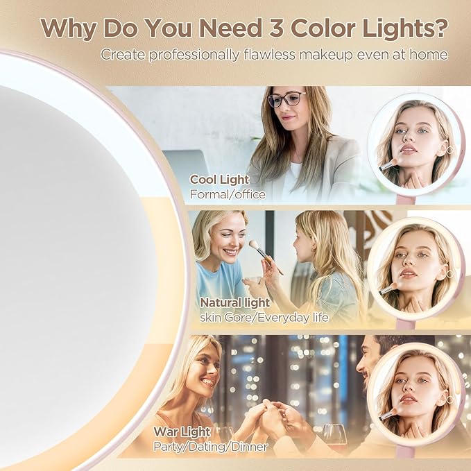 Makeup Mirror with Lights - 360° Rotation, 3 Color Modes (Dimmable), 1X/10X Magnifying Double-Sided Mirror, Rechargeable & Portable Vanity Mirror with Touch Control for Tabletop, Home, Travel Pink