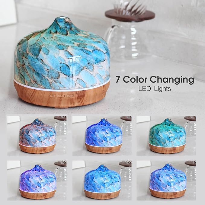 Porseme 500ml Essential Oil Diffuser Glass Color Changing Aroma Air Diffusers Aromatherapy Ultrasonic Cool Mist Humidifier 15-21 Running Hours Waterless Auto-Off for Sleeping Yoga Office (Light Blue)