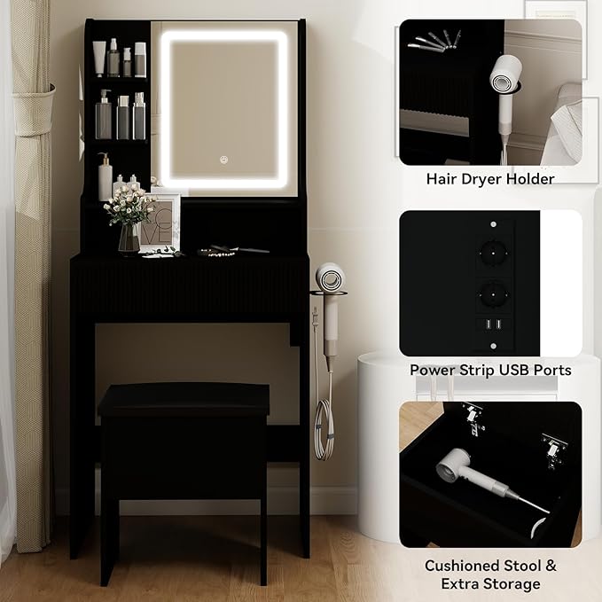 YOURLITE Fluted Makeup Vanity Desk with Mirror and Lights, 24" Small Vanity Table Set with LED Mirror & Stool, Dressing Table for Bedroom