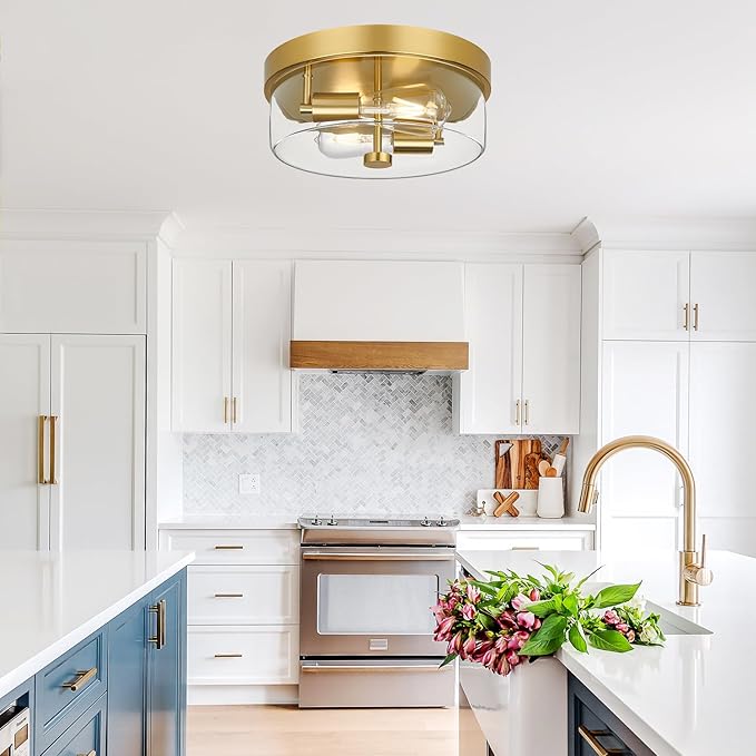 Flush Mount Ceiling Light Fixtures, 2-Light Gold Ceiling Mount for Farmhouse with Clear Glass Lampshade, Industrial Flush Mount Light Fixture Farmhouse for Hallway, Kitchen, Entryway and Foyer