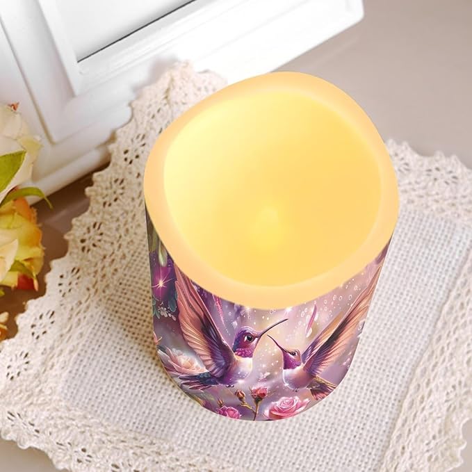 Purple Hummingbird Floral Plastic Flameless Candles with Remote Control and Timer LED Flickering Battery Electric Pillar Candles for Table Decoration
