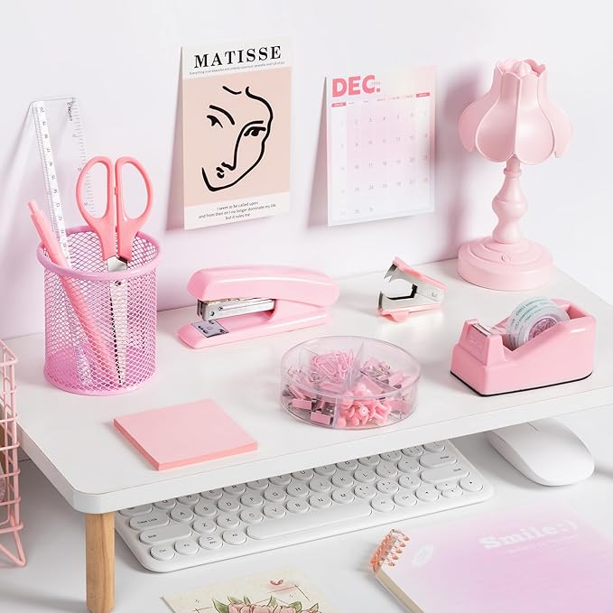 Pink Office Desk Accessories and Organizers, Office Supplies for Desk for Women, Stapler, 1000 Staples, Staple Remover, Phone Holder, Tape Dispenser, Pen Holder, Sticky Note, Clips, Ruler, Etc