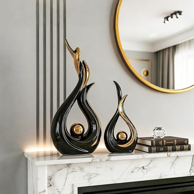 Black and Gold Abstract Ceramic Sculptures 2 Set,Modern Home Decor Dining Table Objects,Ceramic Art Statue for Coffee Table, Shelf, Dining Room, Kitchen, Tv Stand, Entryway Or Desktop Display