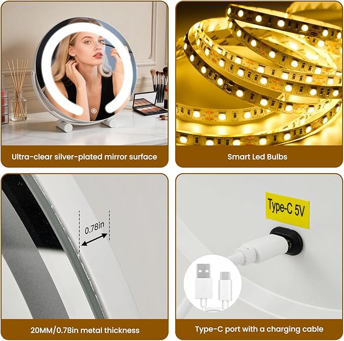 Vanity Mirror with Lights, 12" LED Makeup Mirror, HD Professional Mirror, Smart Touch with 3-Color Lighting, Dimmable, 360° Rotation, Lighted Up for Makeup Desk, Bedroom (White)