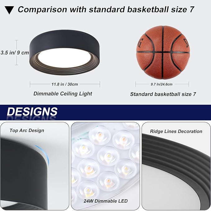 11.8 Inch Modern Dimmable LED Round Matte Black Flush Mount Ceiling Light,5CCT Adjustable 3000K-6000K,Close to Ceiling Lighting Fixture for Hallway,Entryway,Laundry Room,Kitchen,Bedroom