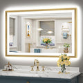 48x30 Gold Beveled LED Bathroom Mirror with Lights, Brushed Gold Framed Backlit and Front Lit Anti-Fog Lighted Vanity Mirrors for Bathroom Wall, Dimmable, 3 Colors, Memory, HD Tempered Glass