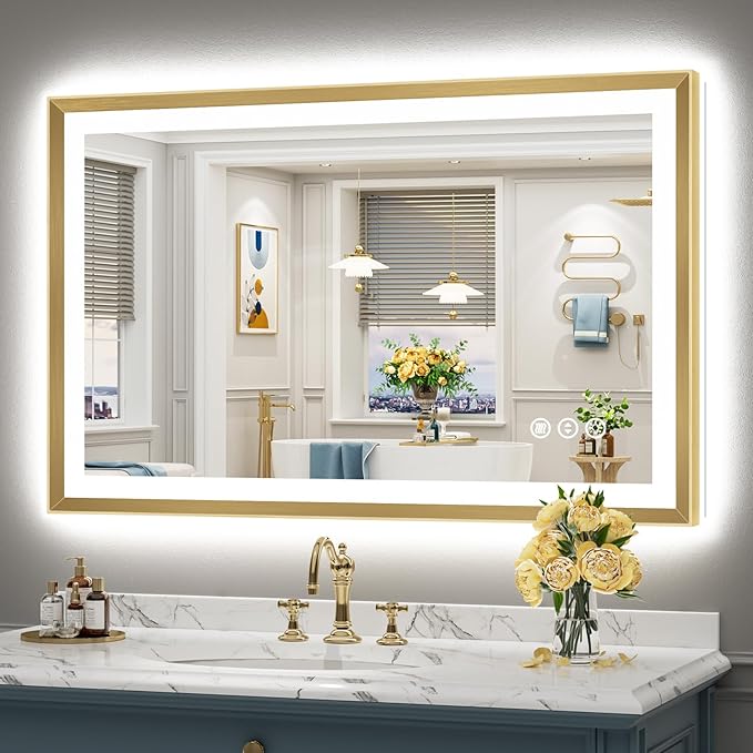 48x30 Gold Beveled LED Bathroom Mirror with Lights, Brushed Gold Framed Backlit and Front Lit Anti-Fog Lighted Vanity Mirrors for Bathroom Wall, Dimmable, 3 Colors, Memory, HD Tempered Glass