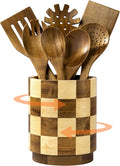 Wooden Utensil Holder, 360° Rotating Acacia Wood Kitchen Utensil Holder for Countertop, 7.2" Non-Slip Large Utensil Holder for Kitchen, Farmhouse Countertop Decor, Spatula Holders, Checkered