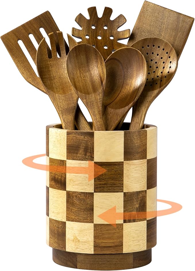 Wooden Utensil Holder, 360° Rotating Acacia Wood Kitchen Utensil Holder for Countertop, 7.2" Non-Slip Large Utensil Holder for Kitchen, Farmhouse Countertop Decor, Spatula Holders, Checkered