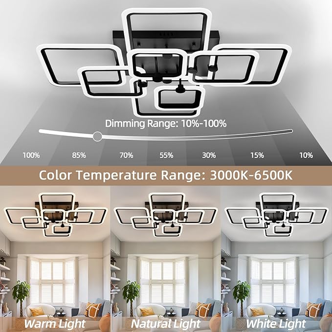 Dimmable Modern LED Ceiling Light 8-Square Black Flush Mount LED Ceiling Light with Remote for Living Room Bedroom Close to Ceiling Light Fixture