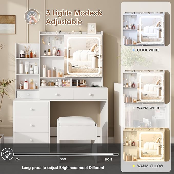 White Vanity Desk Set with Led Mirror,Makeup Vanity Table with Power Strip,Dressing Table with Stool & Lots Drawers,3 Lighting Color Mirror,Brightness Adjustable