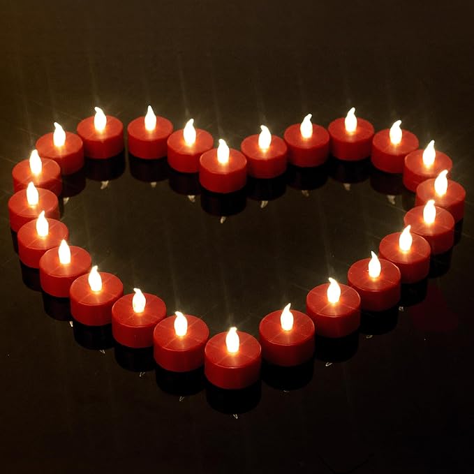 Flameless Tea Lights Candles 100 Pack LED Battery Operated Electric Votive Fake Candles Realistic Flickering and 200+ Hours Long Lasting Bright for Celebrations Festivals (Red)