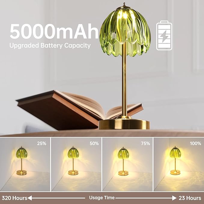 Set of 2 Tulip Table Lamp with 5000mAh Battery & Touch Control, Cordless Table Lamp with 3 Colors, Dimmable Rechargeable Table Lamps for Bedroom, Living Room, Entryways (Green Tulip)