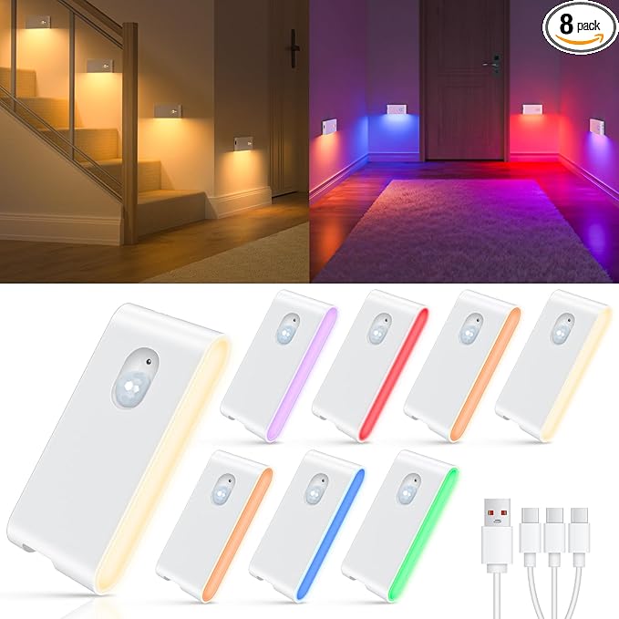 WILLED Motion Sensor Lights Indoor,RGB & Warm White Motion Sensor Night Light,Wireless Color Changing Stair Lights Indoor for Kids' Room,Stair,Bathroom,Hallway,Kitchen,Bedroom,Closet,Cabinet 8PC