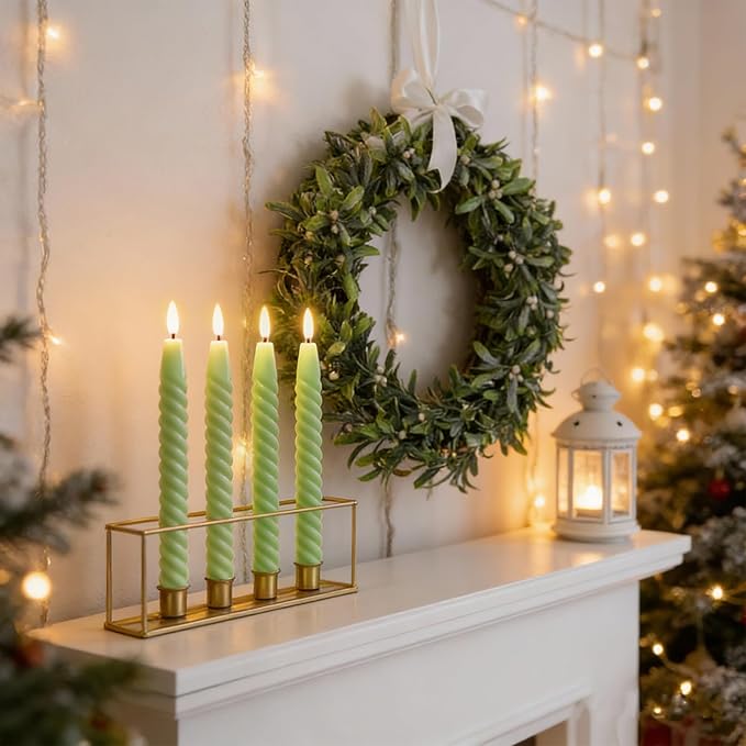 Easter Flameless Taper Candles Green Pastel Flickering with Remote Timer, Battery Operated Warm 3D Wick LED Spiral Candles 6 Pack 9.8" Real Wax Wedding Home Birthday Spring Easter Decorations