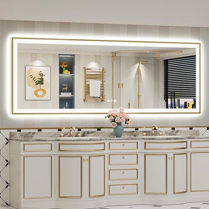 96x36 Gold LED Bathroom Mirror with Lights, Brushed Gold Framed Backlit and Front Lit Anti-Fog Lighted Vanity Mirrors for Bathroom Wall, Dimmable, 3 Colors, Memory, HD Tempered Glass, CRI＞90