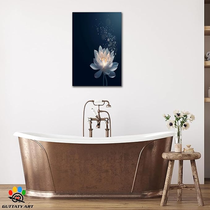 Zen Lotus Canvas Wall Art, Black White Zen Bathroom Wall Art Lotus Picture, Floral Spiritual Meditation Painting Artwork, lotus flower pictures bathroom decor zen painting for Yoga Spa 18x24 inch