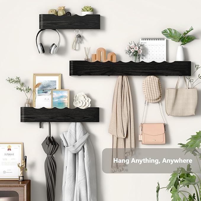 Coat Rack Wall Mount Entryway Organizer Modern Key Holder Wall Mount with Wooden Shelf Entryway Hooks for Bedroom Kitchen Hallway Bathroom for Hanging Coats Hats Dog Leashes Bags Towels