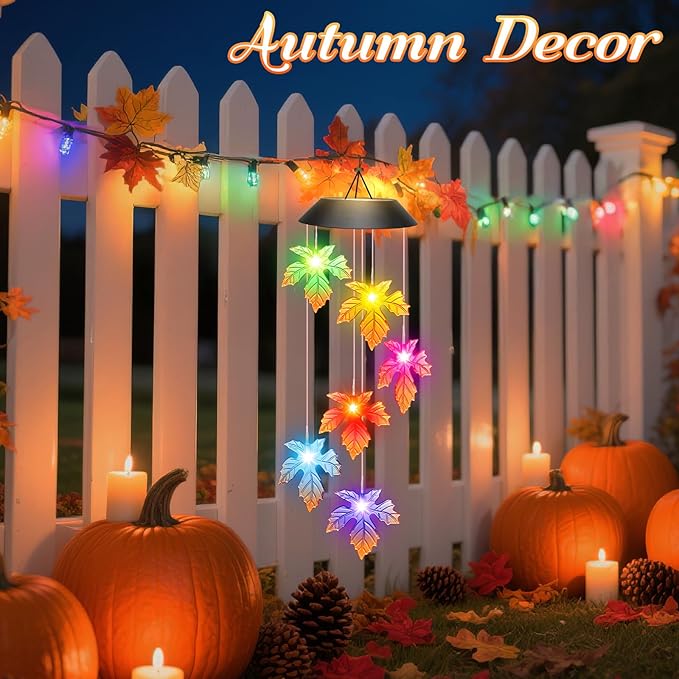 Fall Decor Thanksgiving Decorations Birthday Gifts for Women, Winzwon Solar Lights Outdoor Wind Chimes for Outside Garden Yard Patio Porch Decor Hanging Maple Leafed Halloween Autumn Decorations