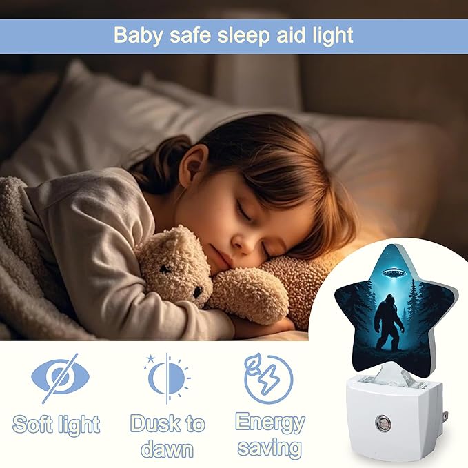 Big Foot UFO Night Lights Plug Into Wall,Forest Landscape Star Night Light for Kids,Nightlight with Dusk to Dawn Smart Sensor for Bedroom Bathroom Decor,Children Women Men Gift