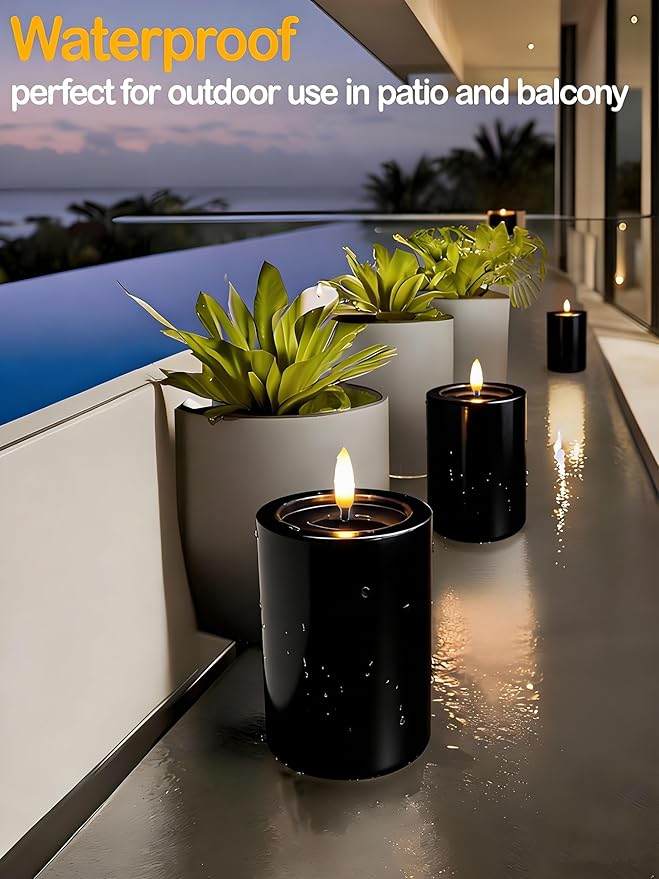 3"x4" Outdoor Waterproof Flameless Candles with Remote and Timers, LED Candles, Battery Operated Candles, Electric Fake Pillar Candles for Patio, Porch, and Lanterns Decor (Black, Plastic)
