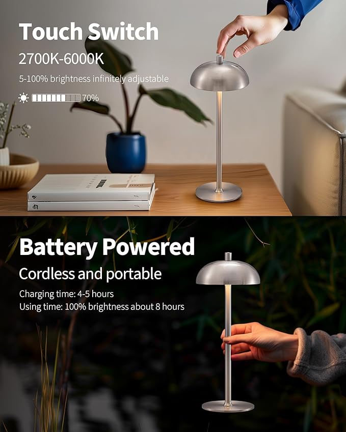 Cordless LED 12" Small Table Lamps Set of 2, Modern Portable Desk Lamp, 3 Color Dimming Rechargeable Battery Lights, for Bedroom, Outdoor, Restaurant, Bedside, Baby Night Light, Gifts (Nickel)