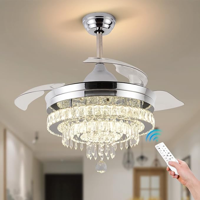 42" Dimmable Fandeliers Modern Crystal Chandeliers Ceiling Fans 6 Speeds Adjustable, with Memory and Timing Functions, APP & Remote Control Fandelier for Living Dining Room Bedroom