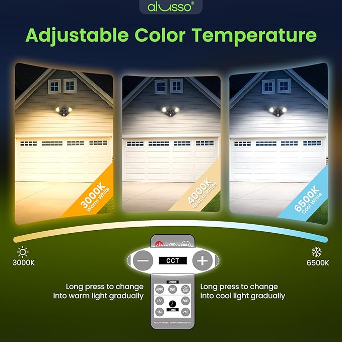ALUSSO LED Security Lights Motion Sensor, 25W 2000LM Flood Lights Outdoor Motion Sensor with Remote 120V, Dimmable Brightness 3000K-6500K CCT IP65 Security Light ETL Listed for House Garage, 2 Pack