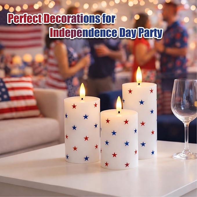 Patriotic Flameless Pillar Candles with Remote, 3 Pack Battery Operated Real Wax LED Candles, Perfect for 4th of July Independence Day Home Decorations Fireplace Table, Star Sticker
