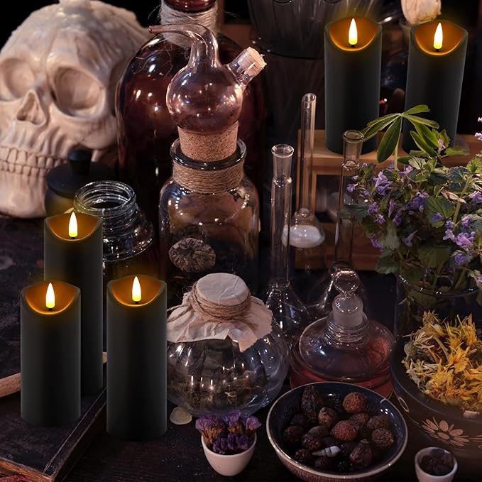 Set of 24 Flickering Black Flameless Candles, Battery Operated LED Pillar Candles with Remote Control and Timer Essential forfor Home Decor&Festival Celebrations&Table Decorations&Wedding.