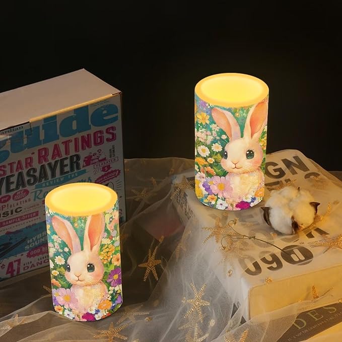Flameless Candles LED Easter Rabbit Daisy Decorative Candles Battery Operated Ornage Flickering Candles with 18-Key Remote Timer Pillar for Home Living Room Party Table Decorations Green