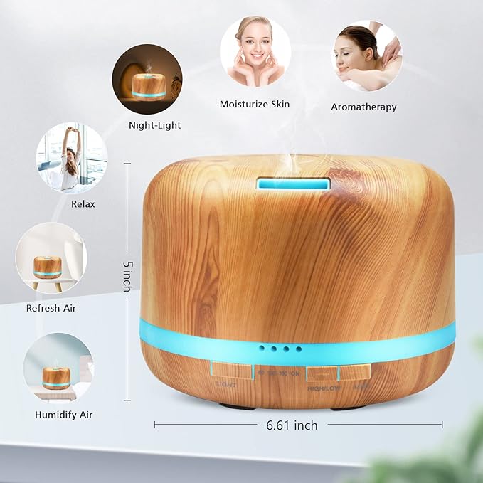 Essential Oil Diffuser, 500ml Aromatherapy Diffuser With Remote Control, DAROMA Ultrasonic Aroma Diffuser Nebulizing Cool Mist Humidifier, 7 Color Mood Lights & Waterless Auto-Off for Home Office Gift