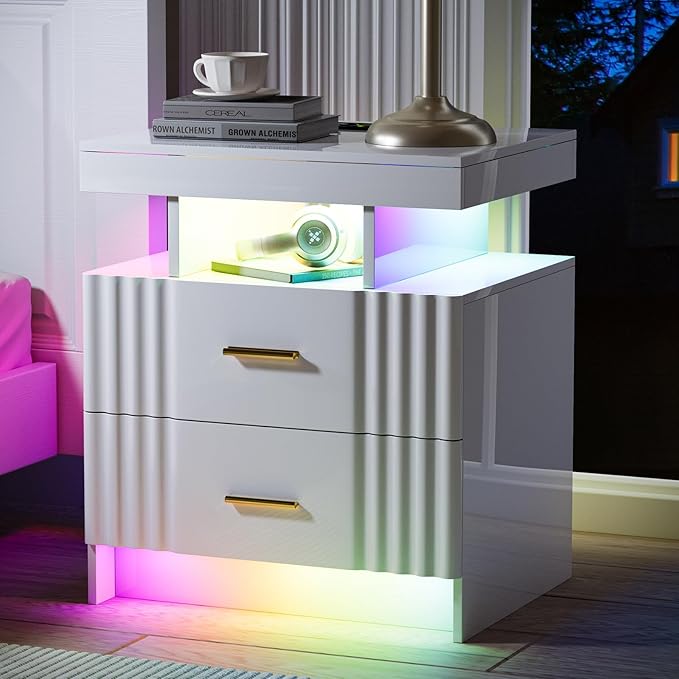 Nightstand with Wireless Charging Station, Bedroom Bedside Table with RGB Lights, Smart Night Stand with 2 Drawers, Bedside Tables Modern Bedside Table for Bedroom, Living Room(White)