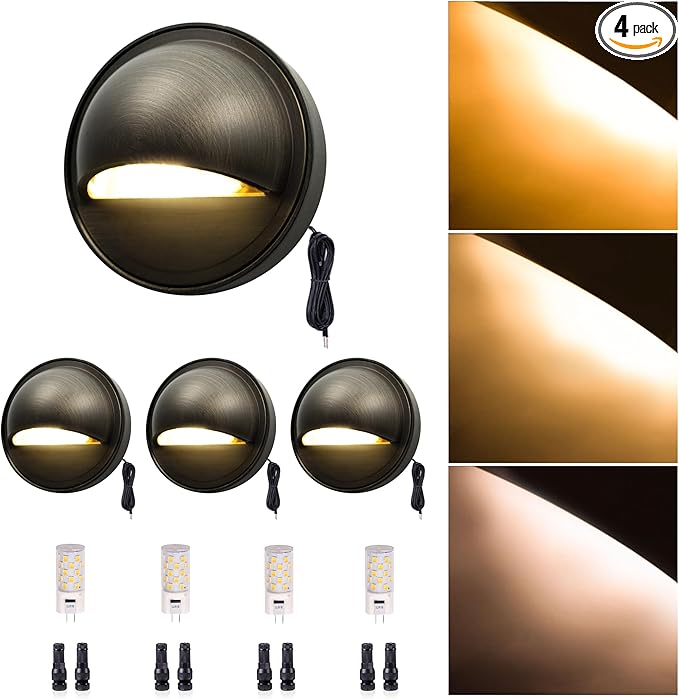 Gardenreet Solid Brass Deck Lights - Low Voltage LED Step Lights Outdoor, 12V Landscape Hardwired Waterproof Bronze for Stair Fence Wall with Adjustable 3 Color Temp(2700K/3000K/4000K) G4 Bulb 4 Pack