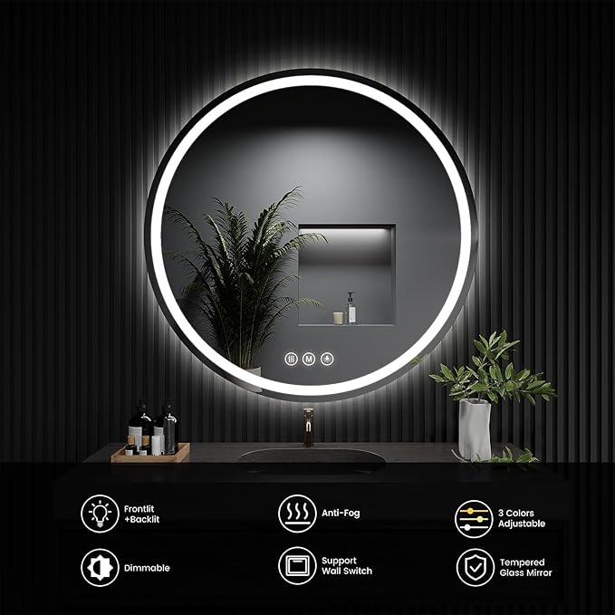 LED Bathroom Mirror 28 Inch Round Bathroom Mirror with Lights, Circle LED Mirror, Wall Mounted Lighted Bathroom with 3 Colors Brightness, Anti-Fog, Dimmable, Shatter-Proof