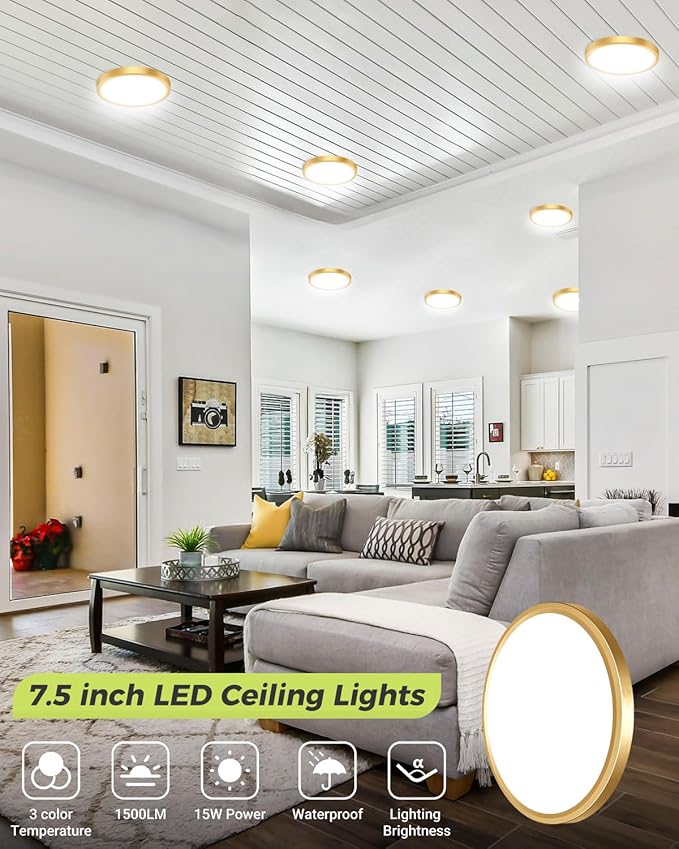 hepside 1PACK LED Flush Mount Ceiling Light, 3CCT Selectable 3000K-4000K-6500K & 100W Equivalent Modern Kitchen Recessed Ceiling Lamp 15W 1500Lm 7.5 Inch for Bathroom Closet Laundry Bedroom