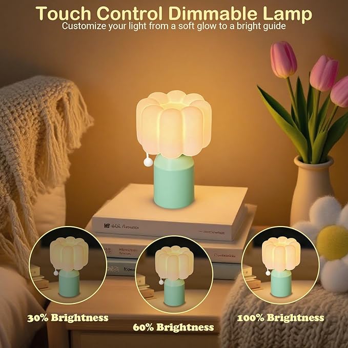 Mini Night Light for Bedroom, Flower Silicone Night Light with 30min Timer, Touch Control Dimmable Lamp with 3 Brightness Levels, LED Rechargeable Nightlight, Cute Bedside Lamp for Kids Gifts (Green)
